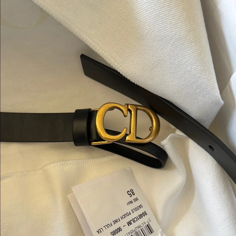 Christian Dior saddle Black Leather logo Belt with Gold Sz 85
